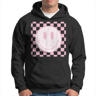 Smile Face Pink Vintage Checkered Pattern Retro Happy Face Hoodie | Mazezy