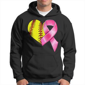 Softball Heart Pink Ribbon Warrior Breast Cancer Awareness Hoodie - Seseable