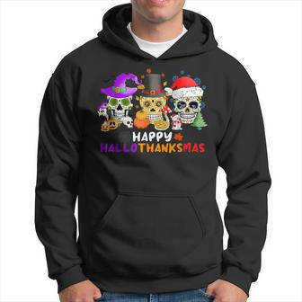 Sugar Skull Happy Hallothanksmas Halloween Thanksgiving Xmas Hoodie - Seseable