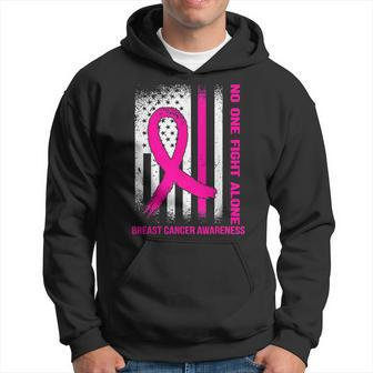 Usa Flag Pink Ribbon No One Fights Breast Cancer Alone Hoodie - Seseable