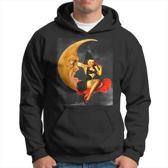 Vintage Pin Up Girl Witch On Moon Halloween Moon Funny Gifts Hoodie | Mazezy