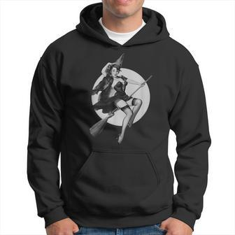 Vintage Pinup Witch On Witches Broom Halloween Pin Up Girl Halloween Funny Gifts Hoodie | Mazezy