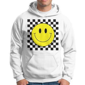 70S Yellow Smile Face Cute Checkered Smiling Happy Hoodie | Mazezy CA