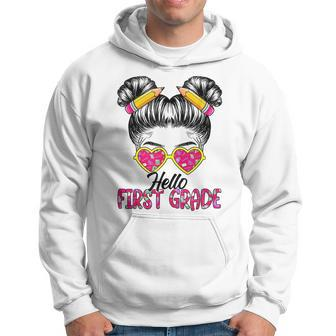 Hello First Grade Messy Bun Back To School First Day Girl Hoodie | Mazezy