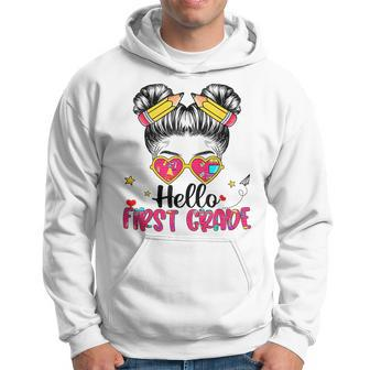 Hello First Grade Messy Bun Girl Back To School First Day Hoodie | Mazezy