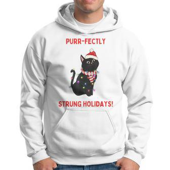 Purr-Fectly Strung Holidays Black Cat Wrapped In Lights Hoodie | Mazezy