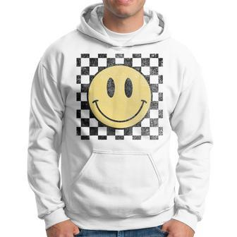 Retro Happy Face 70S Distressed Checkered Pattern Smile Face Hoodie - Thegiftio UK
