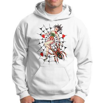 Retro Pin Up Girl Trapped In Spider Web Vintage Halloween Halloween Funny Gifts Hoodie | Mazezy