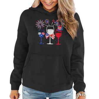 4Th Of July Red White Blue Wine Glasses Fireworks Usa Women Hoodie | Mazezy