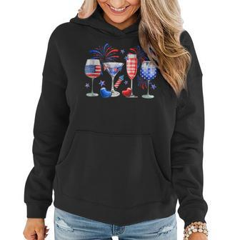 4Th Of July Wine Glasses Independence Day American Flag Women Hoodie | Mazezy
