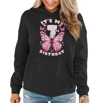 7Th Birthday Girl 7 Years Butterflies And Number 7 Women Hoodie - Monsterry