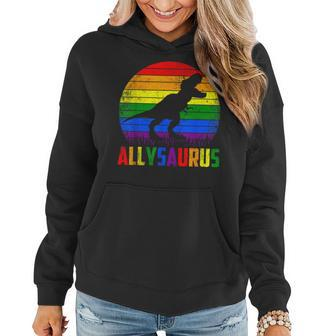 Ally Saurus Dinosaur Lgbt Flag Gay Pride Retro Lgbtq Rainbow Women Hoodie | Mazezy