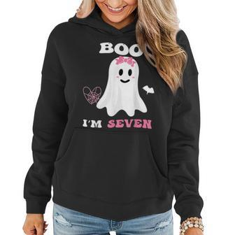Boo I'm Seven Ghost Seventh Birthday Groovy Halloween Girl Women Hoodie - Thegiftio UK