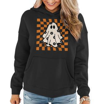 Checkered Daisy Ghost Retro Floral Ghost Halloween Costume Women Hoodie - Seseable