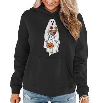 Cute Ghost Holding Pumpkin Flower Halloween Spooky Season Women Hoodie - Monsterry