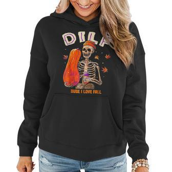 Dilf Dude I Love Fall Skeleton Pumpkin Halloween Customs Women Hoodie | Mazezy