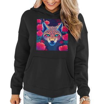 Eurasian Lynx Animal Roses Flower Pattern Graphic Women Hoodie | Mazezy