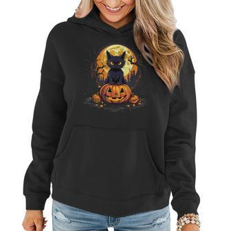 Full Moon Halloween Scary Black Cat Costume Pumpkins Women Hoodie - Seseable