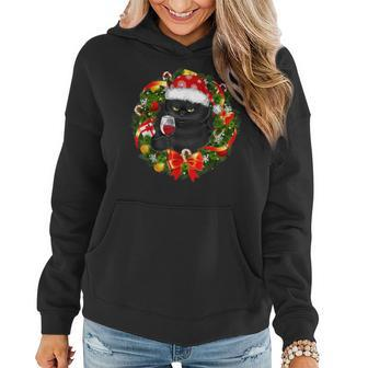 Black Cat And Wine Christmas Wreath Ornament Women Hoodie | Mazezy