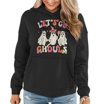 Let's Go Ghouls Halloween Ghost Costume Retro Groovy Women Hoodie - Thegiftio UK