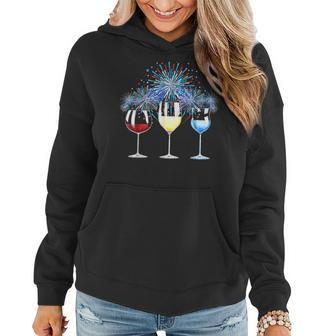 Funny Wine Glass Red White Blue Firework Happy 4Th Of July Women Hoodie | Mazezy
