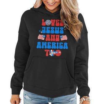 Groovy 70S Retro Loves Jesus And America Too 70S Vintage Designs Funny Gifts Women Hoodie | Mazezy