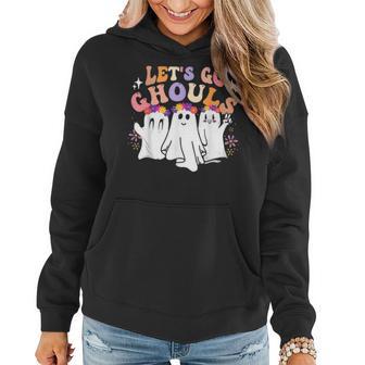 Groovy Let's Go Ghouls Cute Ghost Halloween Spooky Season Women Hoodie - Seseable