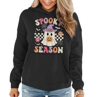 Groovy Spooky Season Retro Ghost Holding Pumpkin Halloween Women Hoodie - Seseable