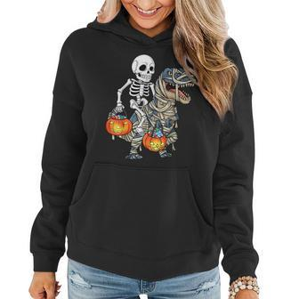 Halloween Skeleton Riding Mummy Dinosaur T Rex Funny Pumpkin Mummy Funny Gifts Women Hoodie | Mazezy