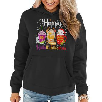 Happy Hallothanksmas Drinks Halloween Thanksgiving Christmas Women Hoodie - Seseable