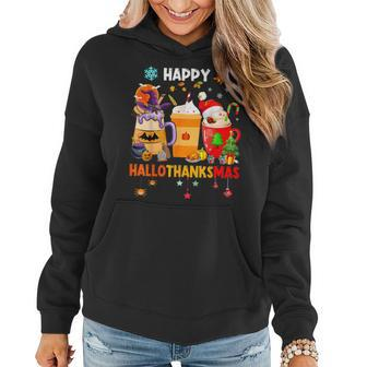 Happy Hallothanksmas Halloween Coffee Latte Thanksgiving Women Hoodie - Monsterry UK