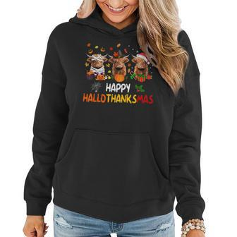 Happy Hallothanksmas Highland Cow Print Halloween Christmas Women Hoodie - Seseable