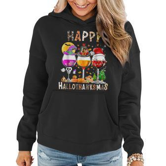 Happy Hallothanksmas Wine Glasses Halloween Thanksgiving Women Hoodie - Seseable
