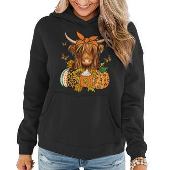 Highland Cow Fall And Leaves Pumpkins Autumn Thanksgiving Women Hoodie | Mazezy