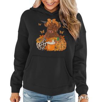 Highland Cow Fall And Leaves Pumpkins Autumn Thanksgiving Women Hoodie - Monsterry UK