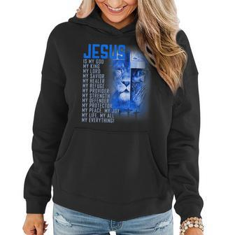 Jesus Is My God King My Lord My Savior Blue Lion Christian Women Hoodie | Mazezy