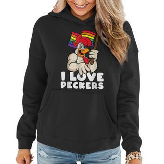 Lgbt Rainbow Flag Rooster Pun I Love Peckers Gay Chicken Dad Women Hoodie - Seseable