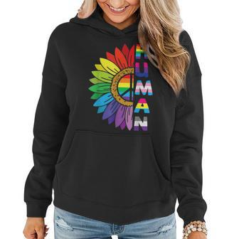 Lgbtq Human Pride Month Rainbow Peace Sign Flower Women Hoodie | Mazezy