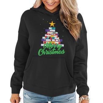 Merry Christmas Funny Library Xmas Tree For Book Lovers Women Hoodie | Mazezy