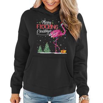 Merry Flocking Christmas Flamingo Pink In Santa Hat Xmas Gif Women Hoodie - Monsterry