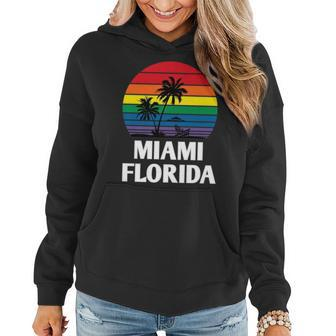 Miami Florida Fl Retro Lgbt Pride Rainbow Palm Tree Women Hoodie | Mazezy