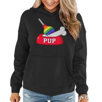 Pup Dog Bowl With Dog Bone And Rainbow Pride Bulb Women Hoodie | Mazezy