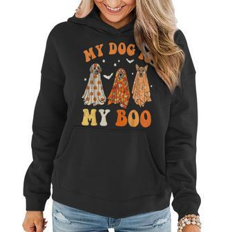 Retro Groovy My Dog Is My Boo Ghost Halloween Spooky Season Women Hoodie - Monsterry