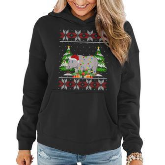 Rhino Christmas Tree Lights Rhino Ugly Sweater Santa Xmas Women Hoodie - Seseable