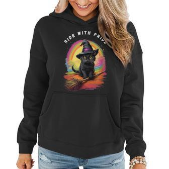 Ride With Pride Queer Witchy Lgbt Rainbow Cat Meme Halloween Women Hoodie - Monsterry