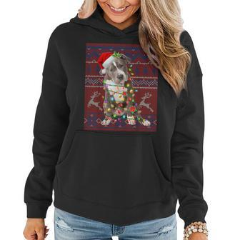 Santa Pitbull Christmas Tree Lights Ugly Sweater Pajama Women Hoodie - Seseable