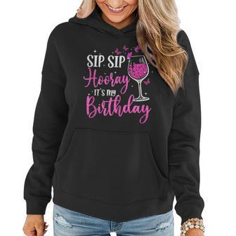Sip Sip Hooray It's My Birthday Pink Leopard Wine Glass Women Hoodie | Mazezy