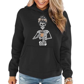 Skeleton Messy Bun Coffee Drinking Halloween Costume Women Hoodie - Monsterry AU