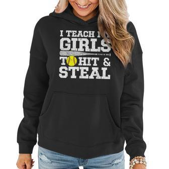 Softball Mom Funny I Teach My Girls To Hit And Steal Women Hoodie - Seseable