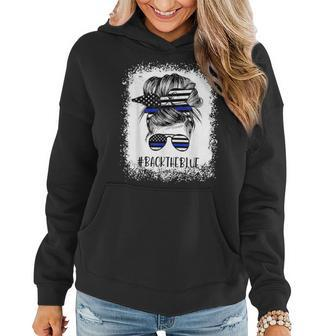 The Blue Line Flag Back The Blue Bleached Messy Bun Women Hoodie - Seseable
